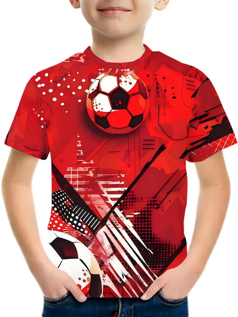 67 Digital Football Print Children's T-Shirt Boys Girls Fashion Casual Comfortable Round Neck Short-Sleeved T-Shirt Sporty Top