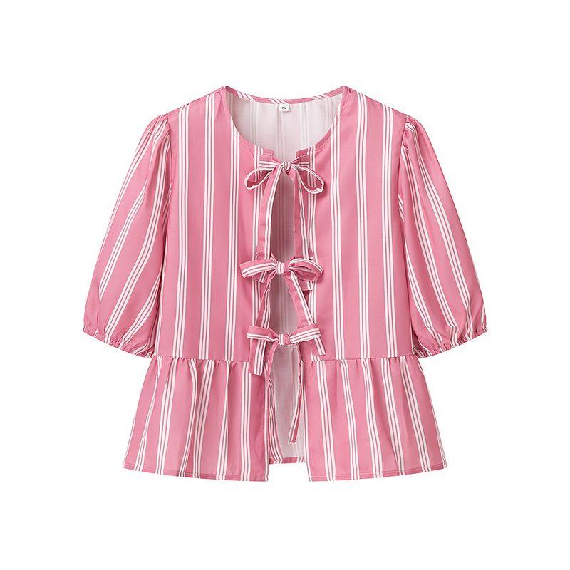 

Zbza Spring New Arrival Women s Clothing Fashion Style French Fashion Design Vertical Stripes Bows Shoelace Shirt Pink S