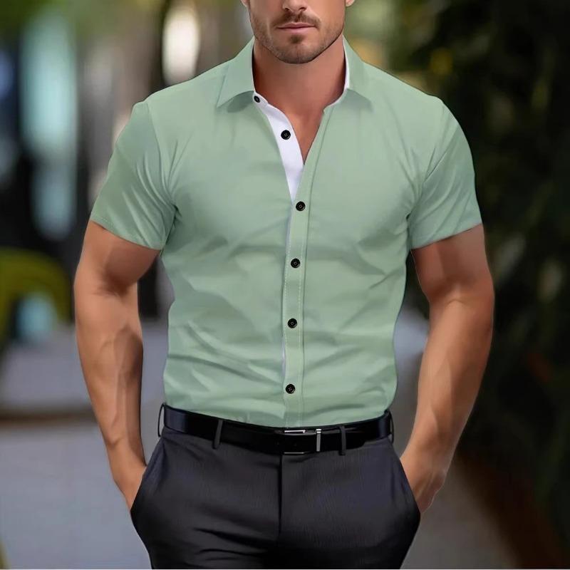 New Summer Men Clothes Spell Color Short Sleeve Shirt Men Lapel Fashion 100% Polyester Shirt Tops