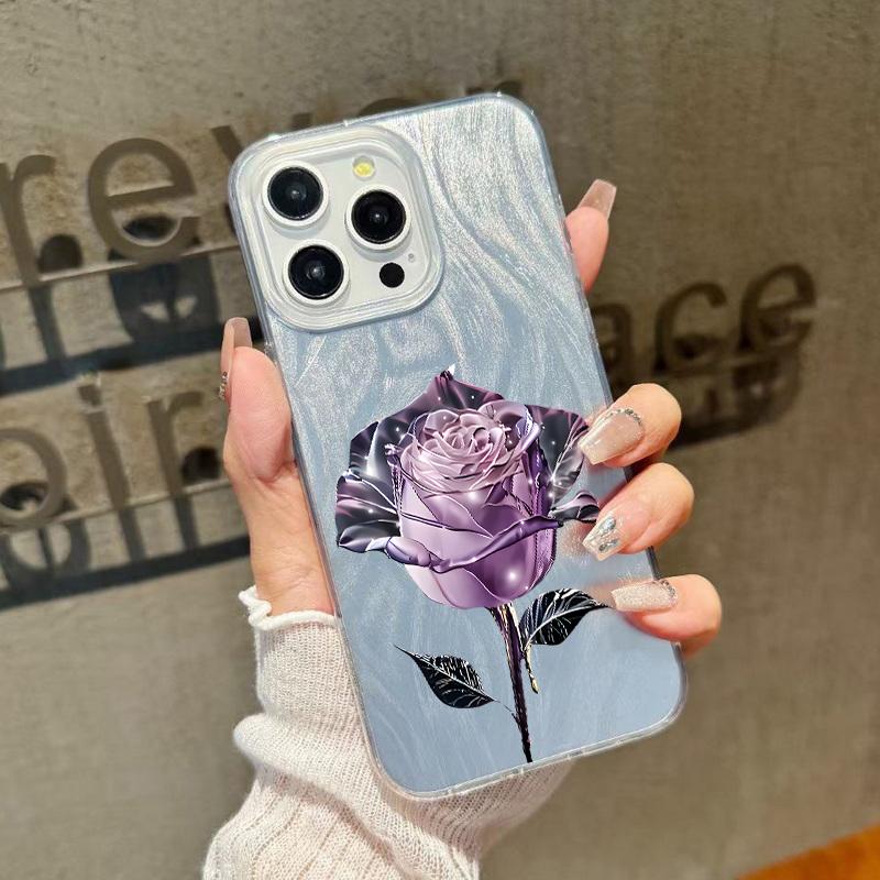 

Кристально-розовый цветочный принт с блестками и перьями, сверкающий чехол для телефона для iPhone 16 Pro 15 Pro Max 14 13 12 11, тонкий, мягкий край, противоударная жесткая задняя крышка из ПК iPhone 11 светло-фиолетовый