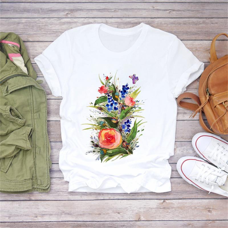 Casual Flower Graphics Women's T-Shirt 90S Summer Blouse Short Sleeves Tees Loose White O-Neck Shirts Female Tops Kpop Clothing