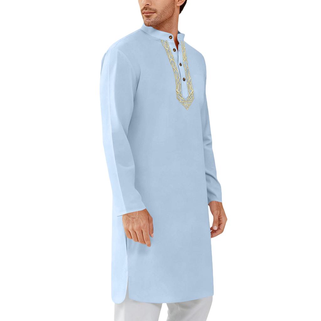 Mens Kaftan Thobe Button Down Casual  Shirts Long Sleeve Robe Cotton Linen Muslim Gown Shirt