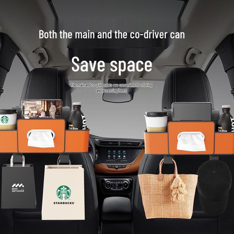 Multifunctional Car Seat Back Organizer with Tissue Box and Cup Holder Hooks