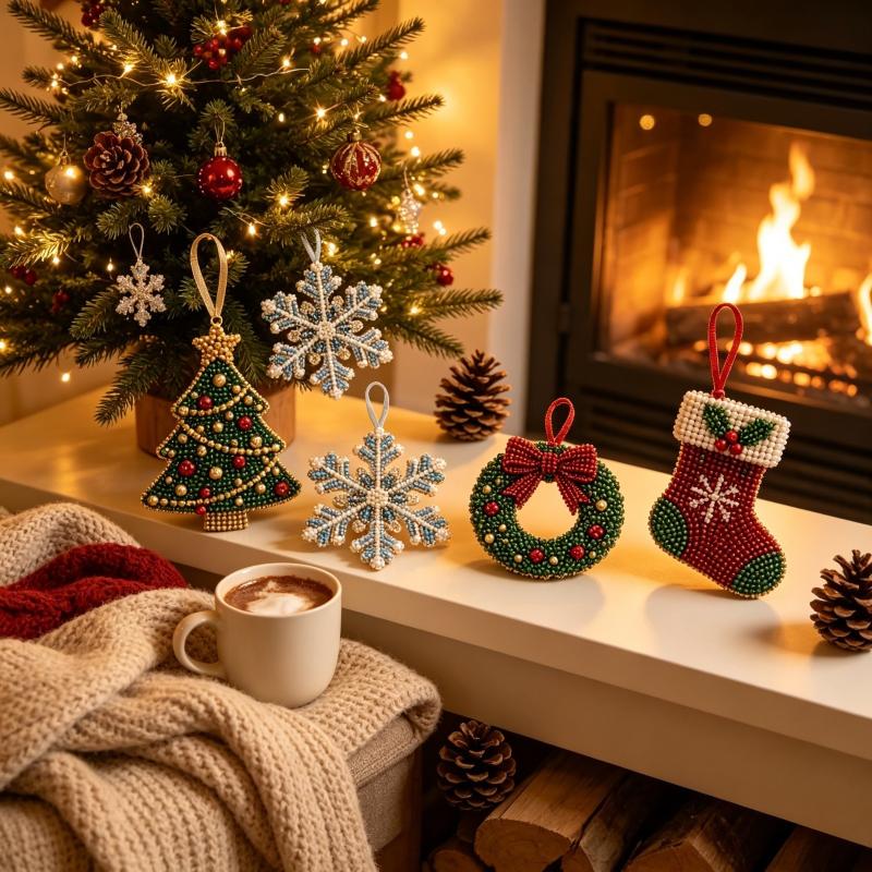 DIY Christmas Beaded Ornament Craft Set 1 Set Handmade Decor Making Kit with Gift Box for Holiday Home Xmas Tree Decor