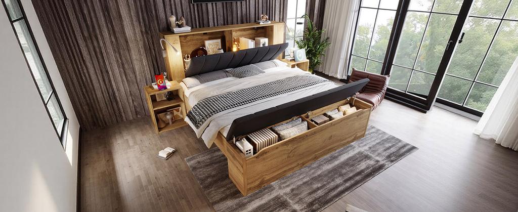 Double Bed 160 x 200 cm Wooden Foldable Headboard Made of Linen Two Nightstands Bench with Storage USB Reading Lamps Slats Oak Color without Mattress