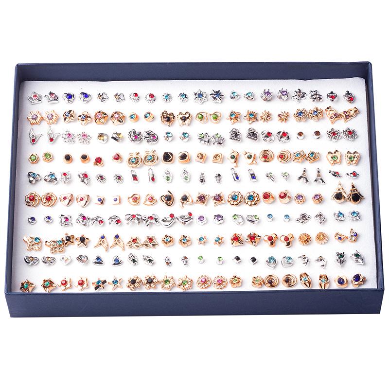 Korean 100-Pair Plastic Boxed Earrings Set - Soft Clay Drip Design, Diamond Glue Needle, Anti-Allergic.