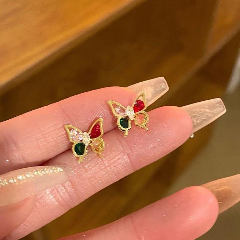 Vintage Colorful Rhinestone Butterfly Stud Earrings Cute Ear Stud Piercing Earrings For Women Girl Party Accessories