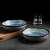 Ruhan Japanese Ceramic 8-inch Deep Plate Set with Sea Wave Pattern