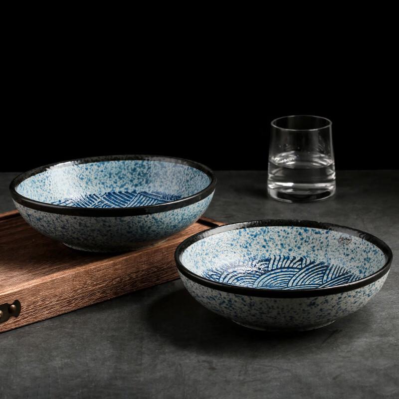 Ruhan Japanese Ceramic 8-inch Deep Plate Set with Sea Wave Pattern
