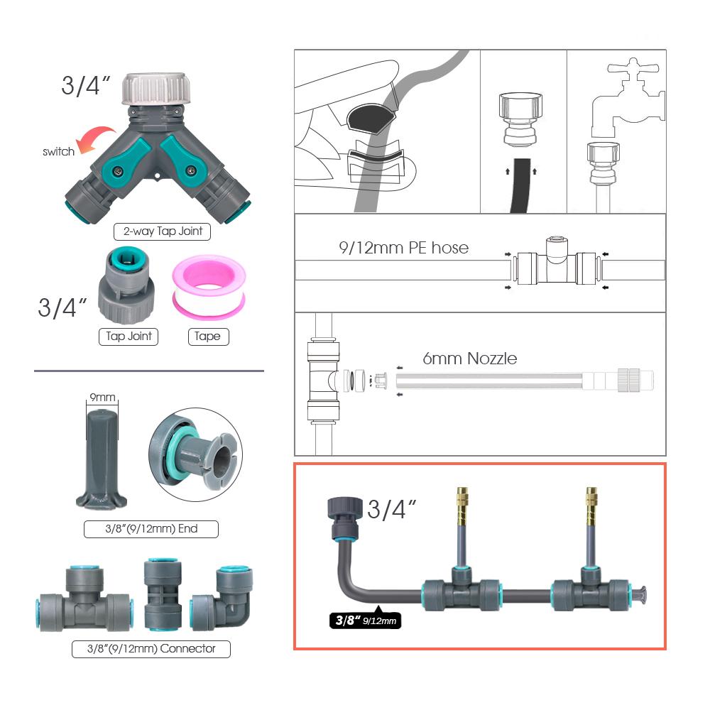 3/8" 9/12mm Garden Auto Watering System 20cm Free Bend Adjustable Sprayer Nozzle Misting Cooling Plants Irrigation Sprinkler Kit