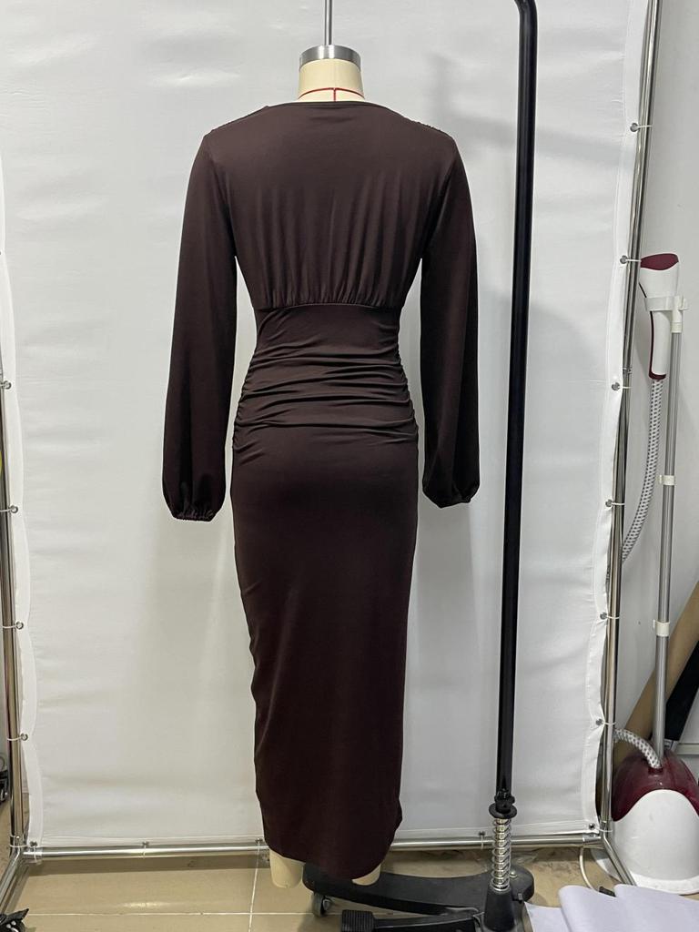 V-Neck High-Waist Slimming Long-Sleeve Evening Dress for Women