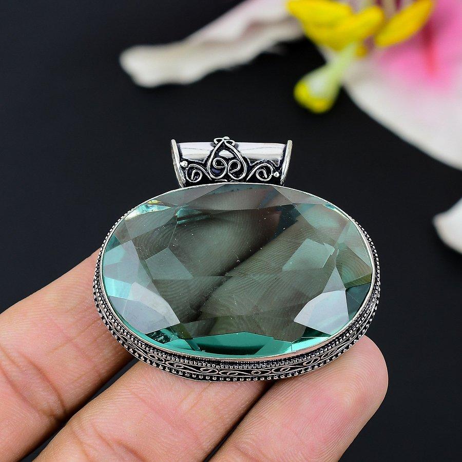 Aqua Apatite Gemstone Handmade 925 Sterling Silver Jewelry Pendant 2.29" KG-117