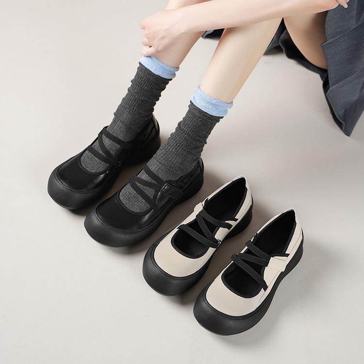 European Station Thick-soled Round Head Big Head Shoes Women's Autumn and Winter New Muffin Sole JK Uniform Small Leather Shoes Thick Heel Single Shoe