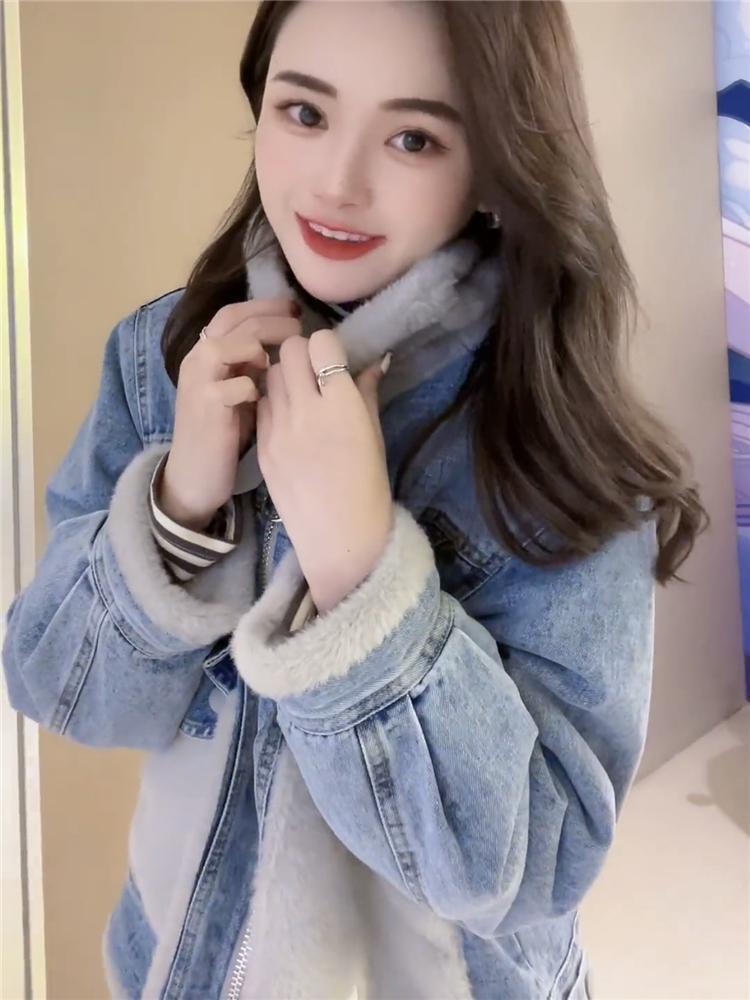 Lamb Wool Denim Jacket Women's Winter Thickened New Design Sense Niche Velvet Stand-up Collar Cotton Clothes Cotton Clothes Women