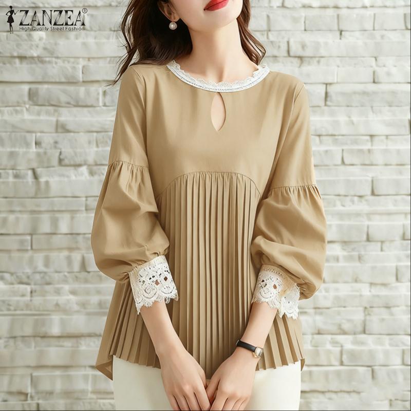 ZANZEA Women Casual Round Neck Lace Splice 3/4 Sleeve Blouse