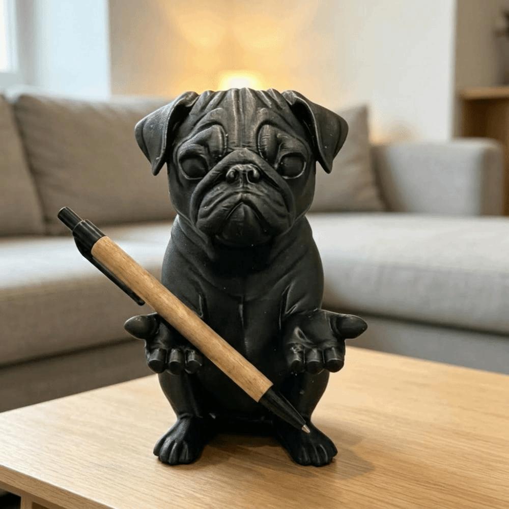 Resin Meditating Pug Figurine Black Color Statue Sculpture Funny Pug Pen Holder Workspace