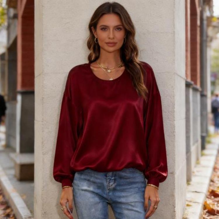 Women Long Sleeve Blouse Solid Color Round Neck Loose Fit Tops Casual Wear for Work Party Date
