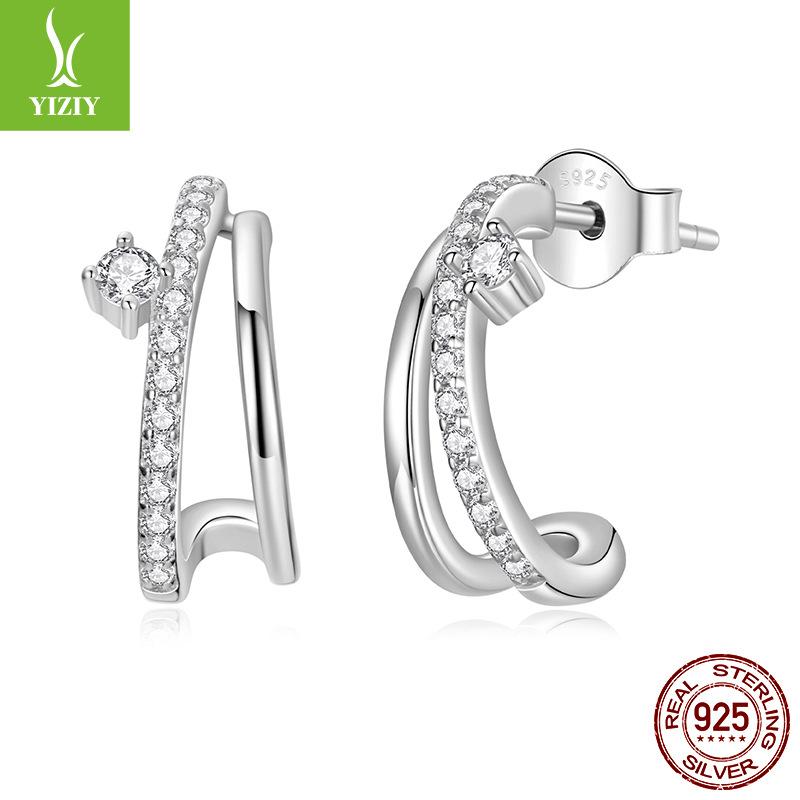 Moissanite Split Double Earrings Earrings Personalized Sparkle S925 Sterling Silver Half-Circle Stud Earrings