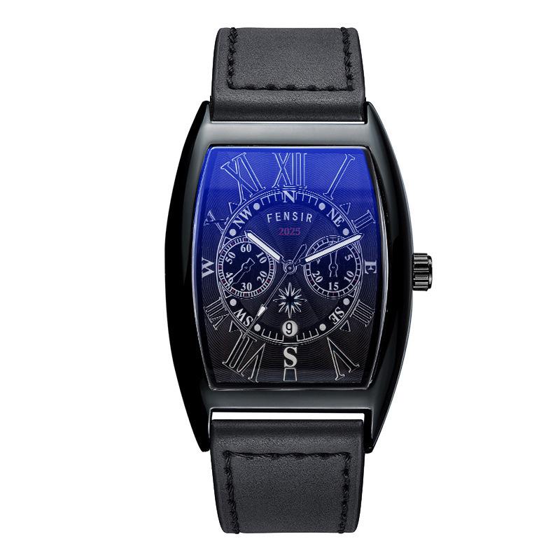 Finish Big Barrel Men's Watch: European & American Style, Leather Strap, Waterproof, Calendar, Casual Office Wear.