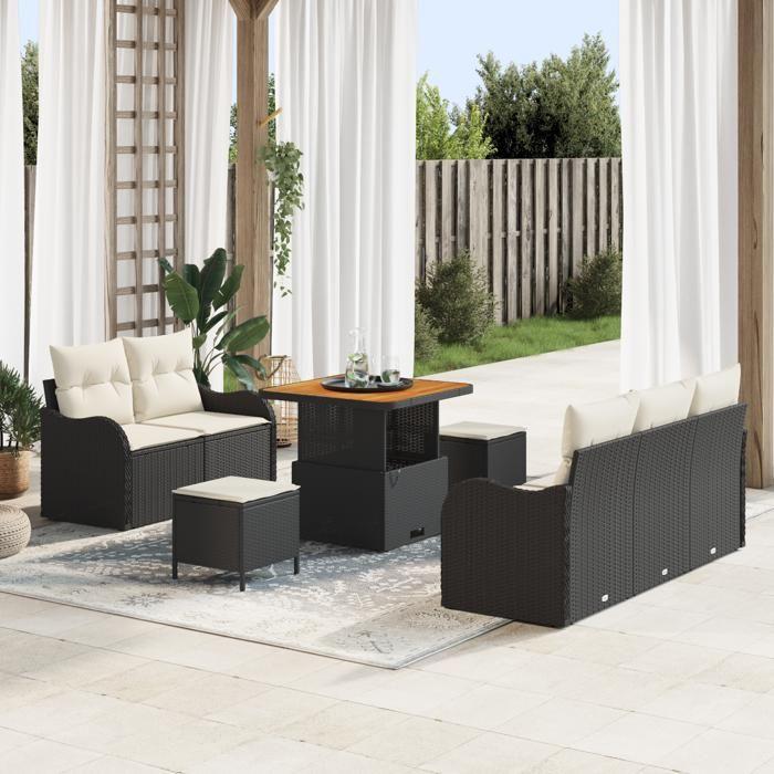 Ensemble de Canapés de Jardin 8 Pièces avec Coussins Noir en Poly Rattan Acacia, Canapé de Jardin 2 Places avec Rangement &amp; 3364155