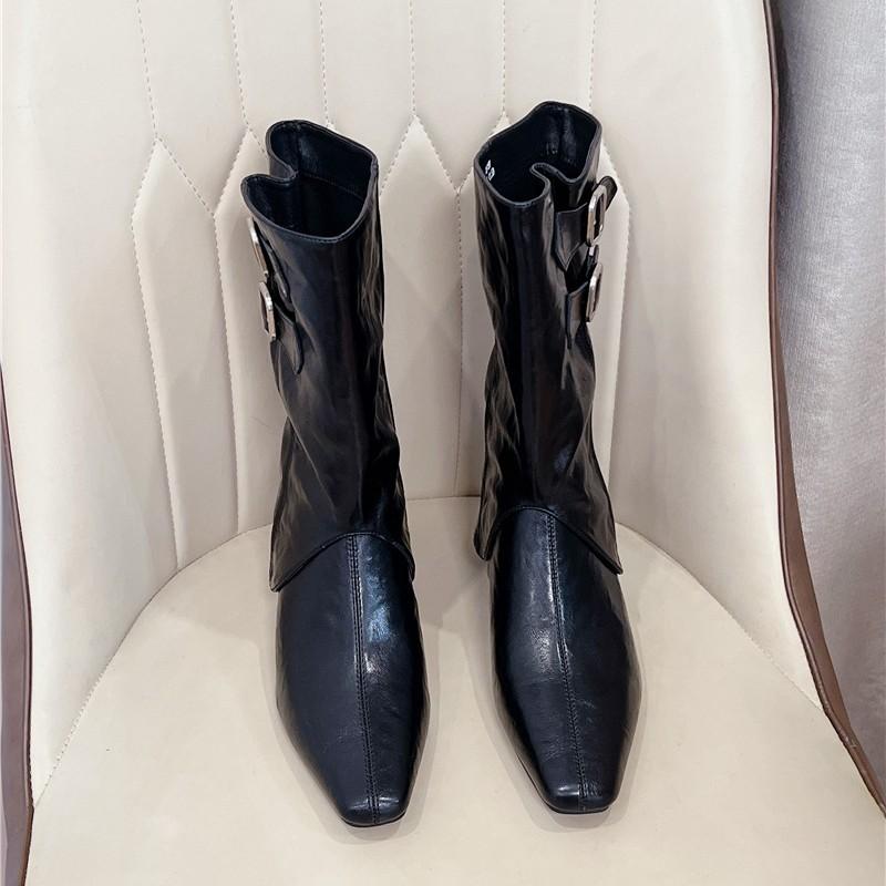 Cowhide Pointed Thick-soled Wedge Heel Removable Western Boots for Women 2025 Autumn and Winter New Pointed Women's Fashion Boots for Women