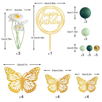 Green Balls Cake Topper Butterfly Cake Decorations Happy Birthday Cake Topper for Wedding Baby Shower Daisy Flower Birthday