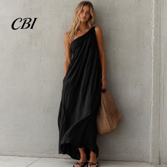 Retro Style Dress Women's Summer One Shoulder Beach Sundress, Pleated A-line Mid-length Loose Flowy Long Dress, Casual Travel Vacation Women
