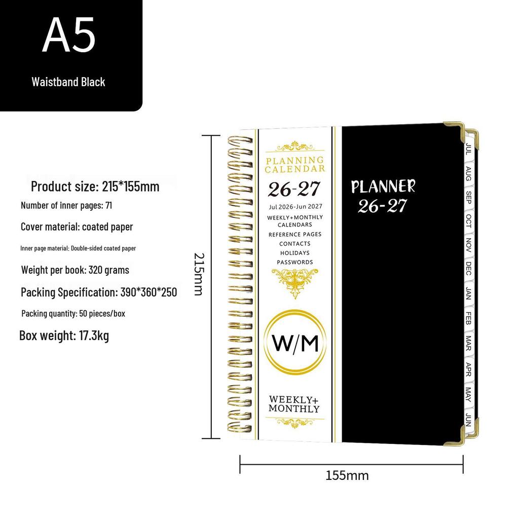 In Stock A5 Cross-border English Notebook 2026-27 Daily Planner with Customizable Coil Binding