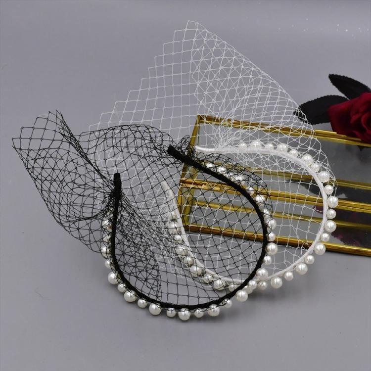 Breathable Face Veil Hairband Bridal Shower Hairhoop Head Accessory with Pearls Decors for Special Occasion Formal Outfit