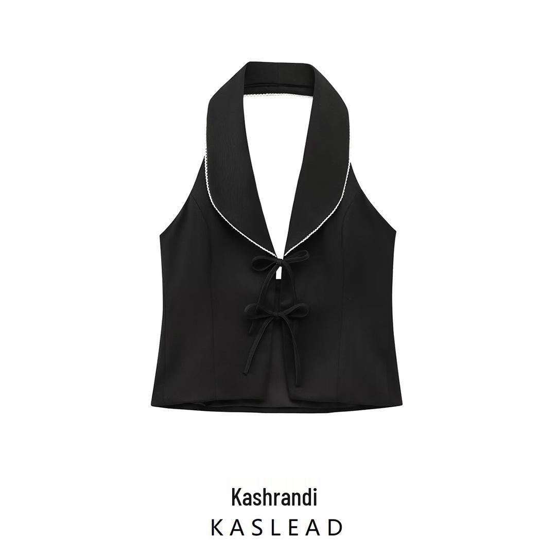 

2025 Spring Women s European & American Style Halter Top with Bow Decor & Patchwork S чёрный