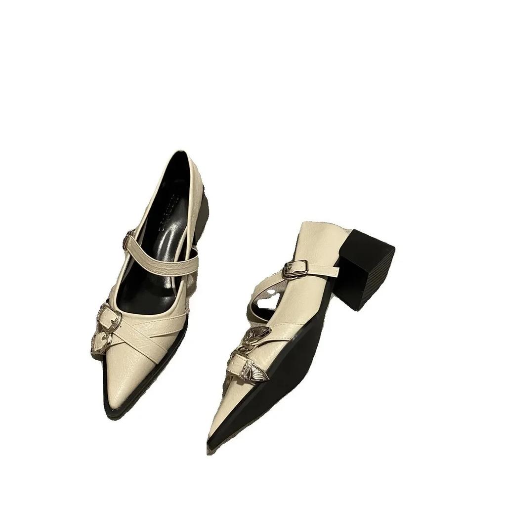Spring Women's High Heels Sexy French Style Pointed Shoes Metal Decoration Paired Skirts Elegant Banquet Fashion Mary Jane 2025