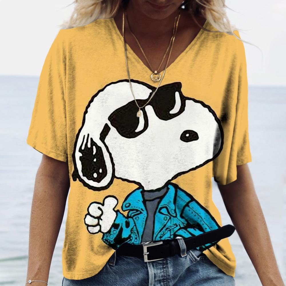 Dámská trička Disney Snoopy 3D potisk Nová V-výstřih Krátký rukáv Letní Ležérní Dámské oblečení Harajuku Y2K Hip Hop Oblečení