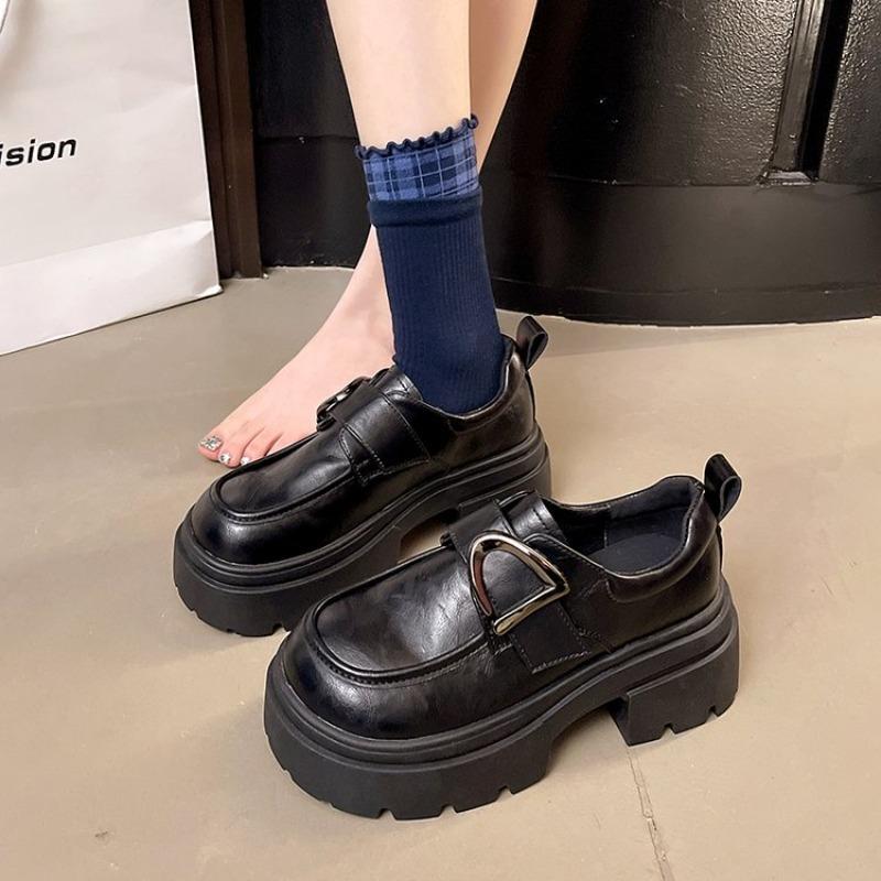 

2026 Casual round Toe Thick Heel Heightening Leather Shoes British Style Lace-Up Flat shoes 35