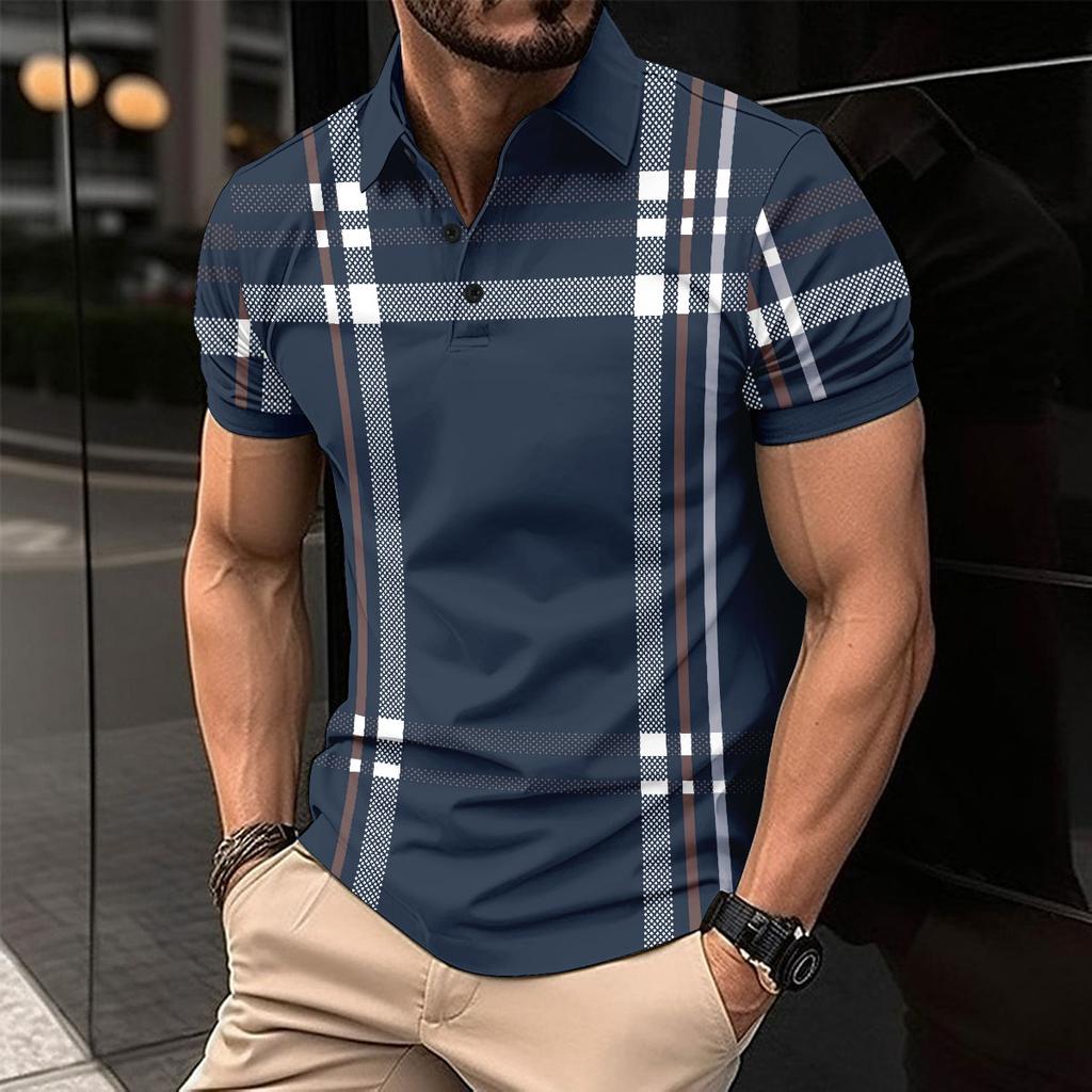 Men's Casual Polo Shirt Striped Short Sleeve T-Shirt Men's Breathable Top Commercial Zipper lapel Street Casual Wear