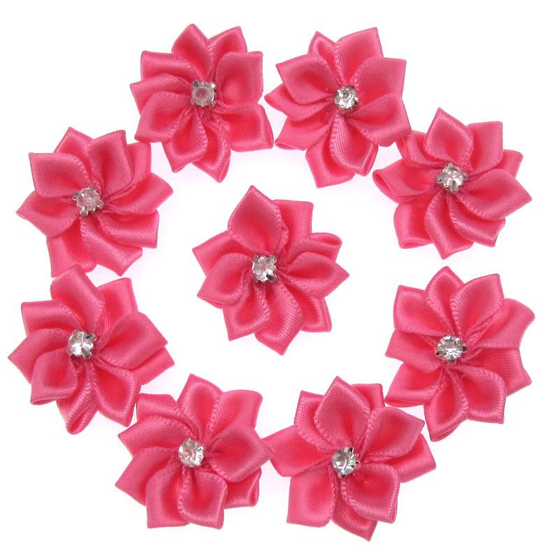 10Pcs Handmade Small Satin Flowers Fabric Rhinestone Flower Appliques For Sewing Craft Wedding Decorations 2.8cm