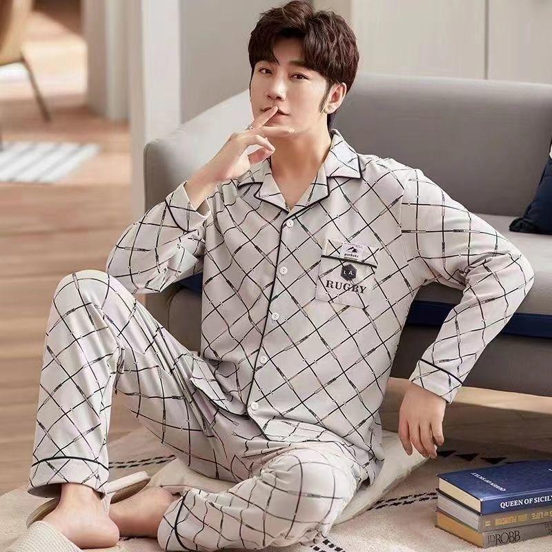 Men's 100% Cotton Long-Sleeve Pajama Set, Plus Size, Cardigan Style for Spring, Autumn, and Summer.