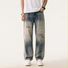 Jeans homme délavés lourds style rétro avec patchs déchirés pantalon old school droit pantalon à patchs troués tendance marque high street