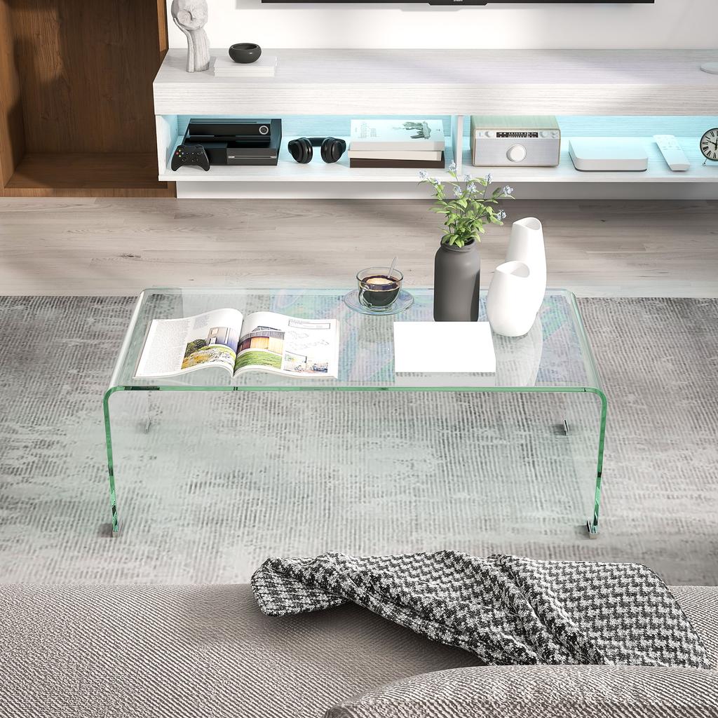 Glass Coffee Table, Rectangular, Tempered Glass, Rounded Edges, Transparent