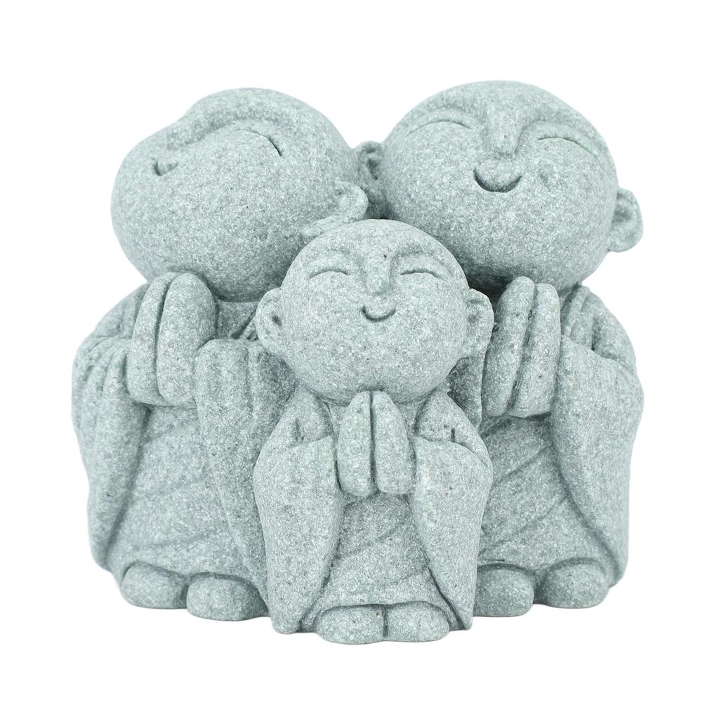 Mini Monk Buddha Statue Chinese Green Sandstone Cute Buddha Figurine 3 Little Monks Ornament for