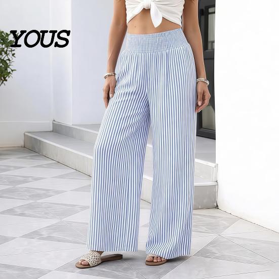 Breathable Summer Pants Women Striped Wide Leg Pants, Elastic Waist Casual Trousers Trousers, Loose Fit Palazzo with Pockets Lightweight