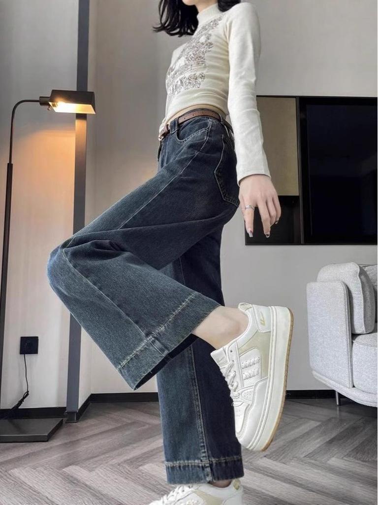 Retro Blue Women's Wide Leg Jeans - Petite, Nine-Point, Loose Fit, Straight Leg for Spring/Summer