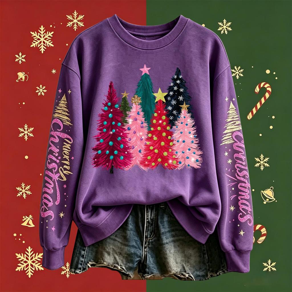 Women's Fashion Long Sleeve Crewneck Pullover Sweatshirt with Christmas Print Top