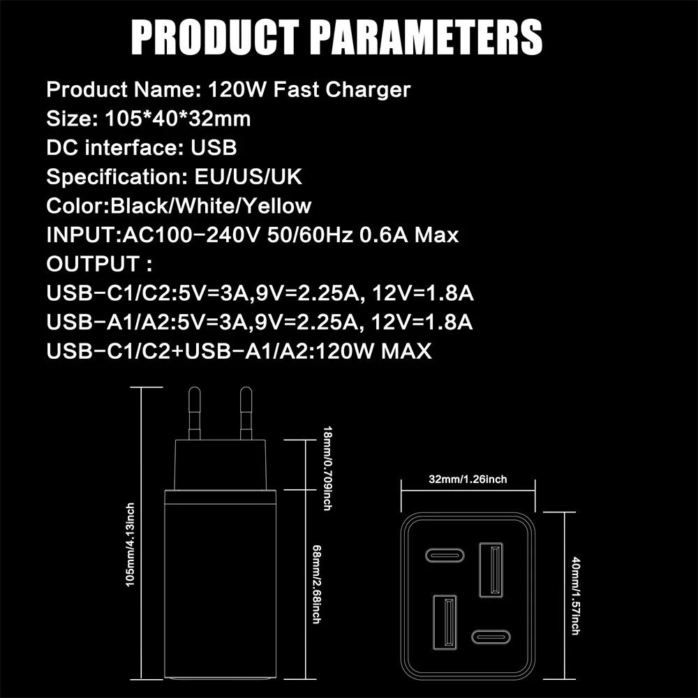 120W 4 Port GaN Charger USB C Quick Charge 3.0 Mobile Phone Charger Adapter for IPhone Samsung Xiaomi EU/US/UK Plug Wall Charger