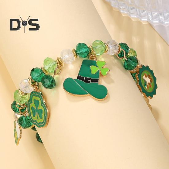 Kleeblatt-Armband St. Patricks Day Irischer Perlenschmuck mit Glasperlen und Anhängern, Glücksbringer-Armband für festliche Feiern, elastisches Kleeblatt
