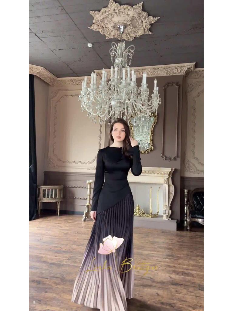 Autumn 2024 Tie-Dye Slimming Gradient Pleated Long Dress for Women