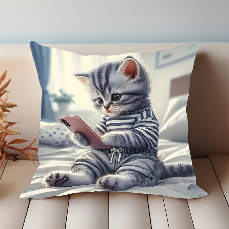 Französischer Stil Katzenmuster Fleece-Kissenbezug 100% Polyester Reißverschluss Maschinenwaschbar Für Wohnzimmer Schlafzimmer Dekoration