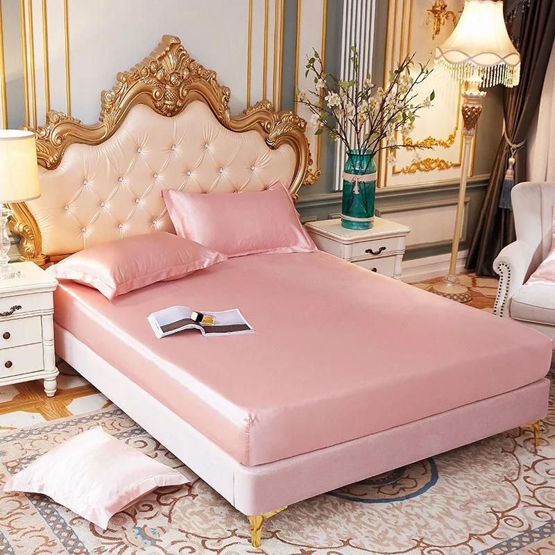 Luxury Pure Satin Queen Bed Sheet Set High End Silky Home Bed Sheets Pillow Cover Single Double Fitted Sheet with Elastic Band