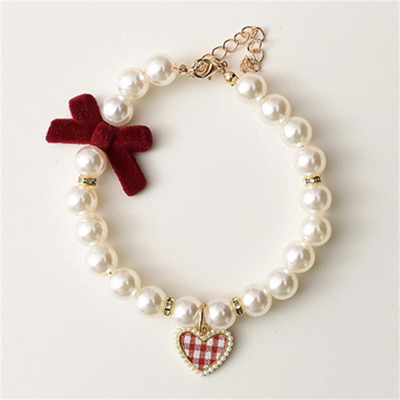 Dog Cats Pearls Necklace Handmade Pet Long Elegant Bowknot Pattern Necklace for Everyday Wear and Pet Gatherings