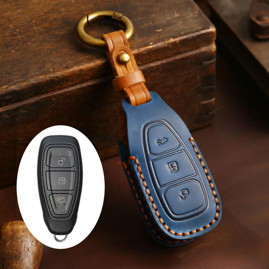 Top Grain Leather Key Case For Ford Kuga Ecosport Focus Fiesta, Full Enclosed Anti-Scratch Key Fob Cover With Metal Ring