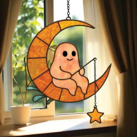 Halloween Suncatcher Stained Glass Window Hanging Light Catcher Ornaments Acrylic Ghost Black Cat Craft for Wall Window Decor